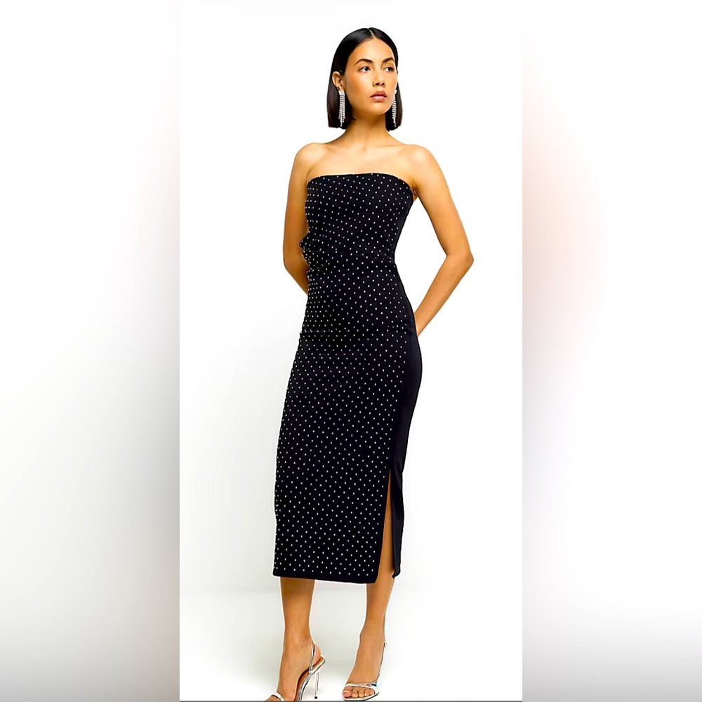 EUC ASOS US 4/UK 8 Black Strapless Rhinestone Studded Diamanté Bodycon Dress